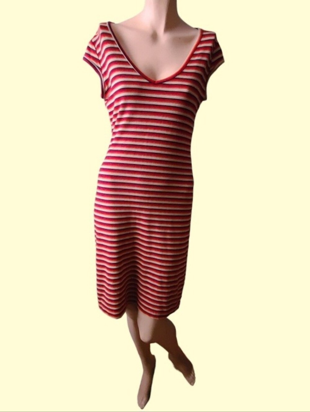 💣 Vintage 90s Y2K Options International Striped V-Neck Ribbed Bodycon Dress M